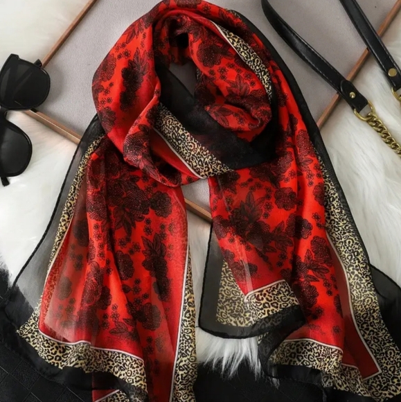 2 FOR $40 NEW Western Elegant Red Floral And Leopard Print Scarf-(#1,408) - Picture 2 of 7
